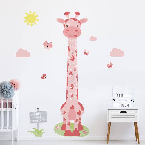 Tamanhos, Medidas e Dimensões do produto Adesivo de Parede Infantil Régua Girafa Rosa e Borboletas