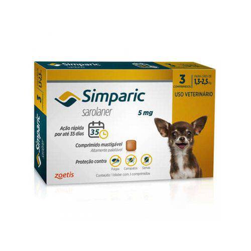 Tamanhos, Medidas e Dimensões do produto Simparic 5mg Antipulgas e Carrapato Cães de 1,3 a 2,5 Kg 3 Comprimidos Zoetis