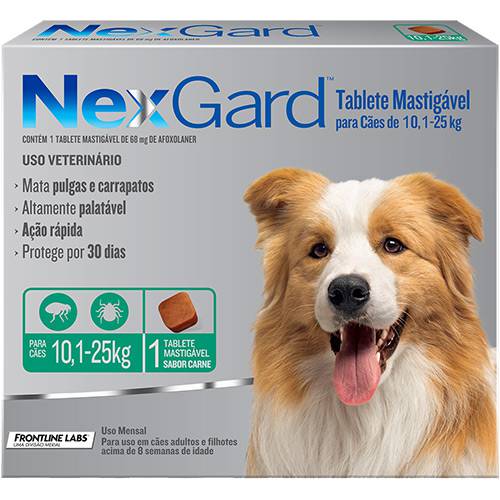 Tamanhos, Medidas e Dimensões do produto Antipulgas e Carrapatos para Cães Nexgard G de 10,1 a 25kg Tablete Mastigável