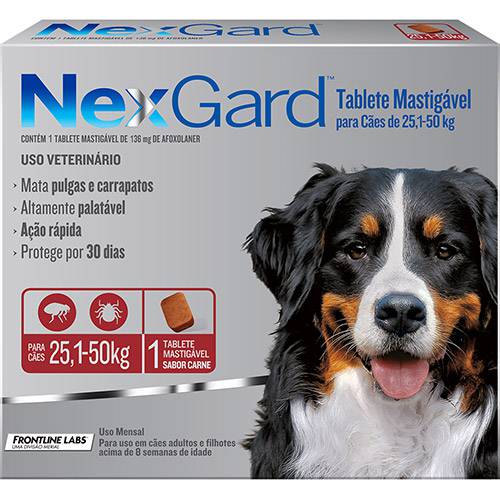 Tamanhos, Medidas e Dimensões do produto Antipulgas e Carrapatos para Cães Nexgard GG de 25,1 a 50kg Tablete Mastigável