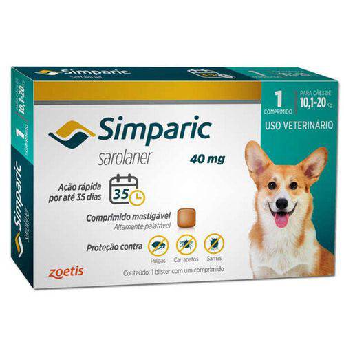 Tamanhos, Medidas e Dimensões do produto Antipulgas Zoetis Simparic 40 Mg para Cães 10,1 a 20 Kg - 1 Comprimido