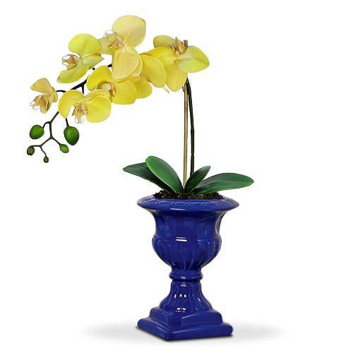 Tamanhos, Medidas e Dimensões do produto Arranjo de Flor Artificial Orquidea Amarela no Mini Pedestal Azul 40 Cm