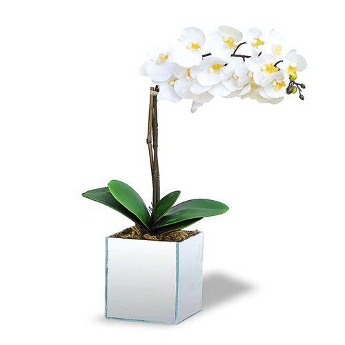 Tamanhos, Medidas e Dimensões】→ Arranjo de Flores Artificiais Orquideas  Brancas no Cachepot Vidro Espelhado