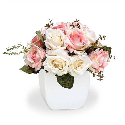 Tamanhos, Medidas e Dimensões do produto Arranjo de Flores Artificiais Rosas Mistas Cachepot Branco Quadrado 20x20