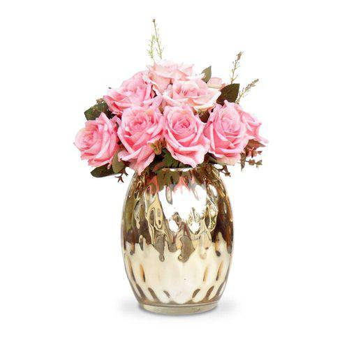 Tamanhos, Medidas e Dimensões do produto Arranjo de Flores Artificiais Rosas Vaso Espelhado Dourado 25x19cm