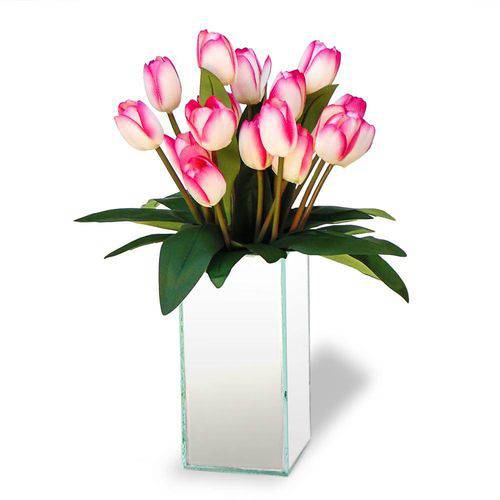 Tamanhos, Medidas e Dimensões do produto Arranjo de Flores Artificiais Tulipas Rosas no Vaso de Vidro Espelhado Retangular 40x15cm