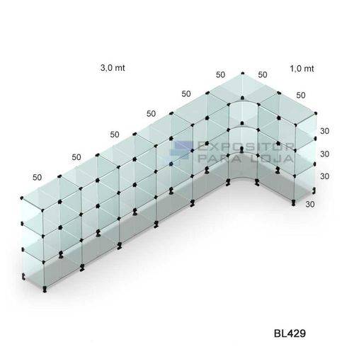 Tamanhos, Medidas e Dimensões do produto Balcão em L de Atendimento Modulado em Vidro Temperado 300x100x100x30cm Ideal para Loja e Comercio