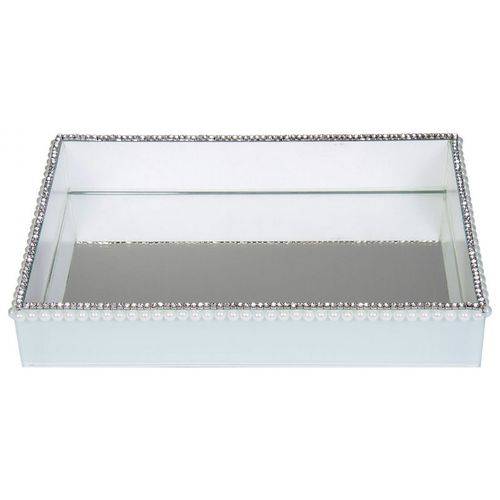 Tamanhos, Medidas e Dimensões do produto Bandeja Retangular de Vidro Espelhado Decorativa Branca com Pérolas e Strass 30X20 Cm - Veg