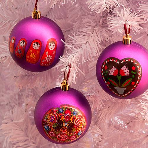 Tamanhos, Medidas e Dimensões do produto Bolas de Natal Roxas Estampadas 8cm 3 Unidades - Orb Christmas
