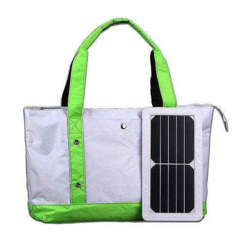 Tamanhos, Medidas e Dimensões do produto Bolsa Solar - Modelo Praia Cor Branca com Alça Verde - Modelo 3 em 1: Bolsa, Placa Solar e Bateria