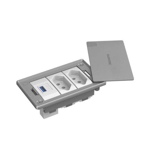 Tamanhos, Medidas e Dimensões do produto Caixa de Tomada Embutir para Mesa com 2 Tomadas + 1 USB - Cinza