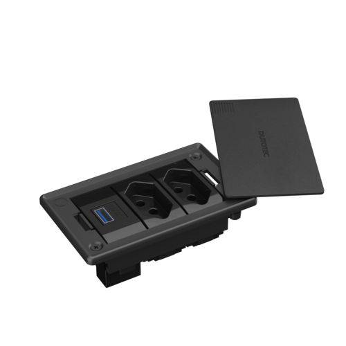 Tamanhos, Medidas e Dimensões do produto Caixa de Tomada Embutir para Mesa com 2 Tomadas + 1 USB - Preta