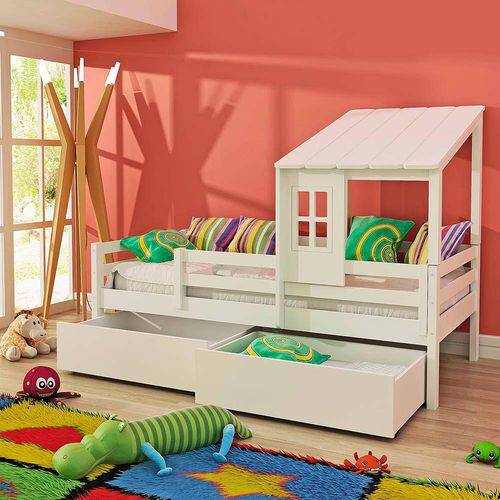 Tamanhos, Medidas e Dimensões do produto Cama Infantil Prime com Telhadinho Ii 2 Gavetões e Grade de Proteção - Madeira Maciça - Laca Branco