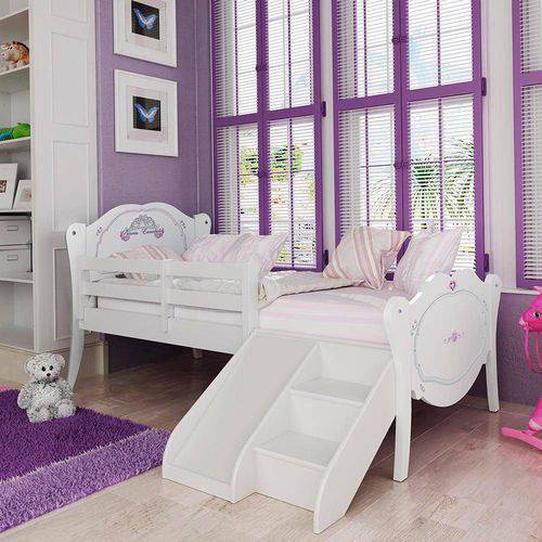 Tamanhos, Medidas e Dimensões do produto Cama Infantil Princesas Encantada com Grade de Proteção, Escadinha e Mini Escorregador - Branco