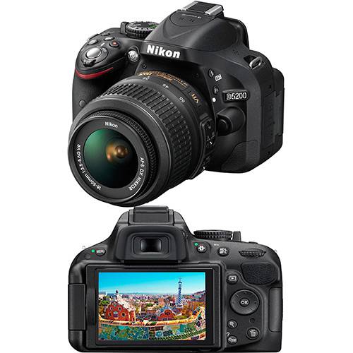Tamanhos, Medidas e Dimensões do produto Câmera Digital DSLR Nikon D5200 24.1MP Lente AF-S 18-55mm F/3.3 Preta