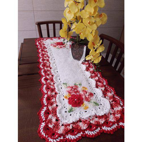 Tamanhos, Medidas e Dimensões do produto Caminho de Mesa de Crochê Retangular Rendado Cor Branco e Vermelho com Flores CM500