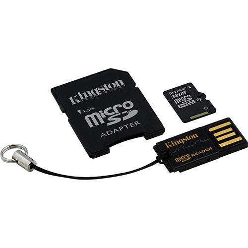 Tamanhos, Medidas e Dimensões do produto Cartão de Memória Kingston 32GB Mobility + MicroSDHC com Adaptador SD + Leitor USB (Classe 10)