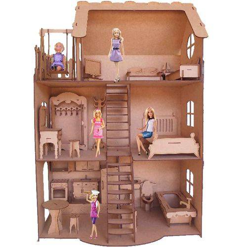 Tamanhos, Medidas e Dimensões do produto Casa Casinha para Boneca Barbie com 24 Mini Móveis em Mdf Cru Csb1