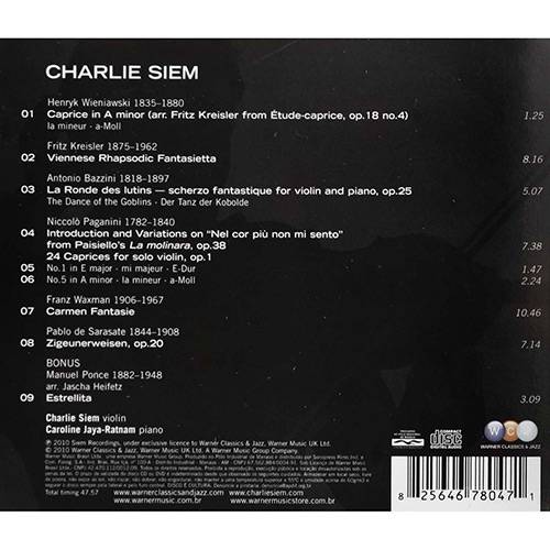 Tamanhos, Medidas e Dimensões do produto CD Charlie Siem - Paganini, Kreisler, Sarasate...