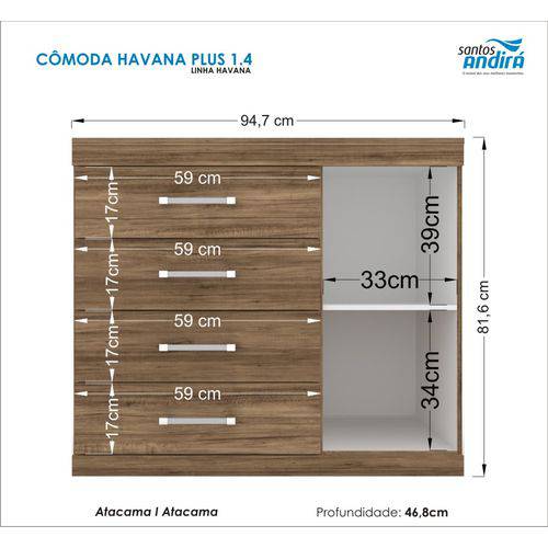 Tamanhos, Medidas e Dimensões do produto Comoda Sapateira Havana Plus 1 Porta 4 Gavetas Atacama Santos Anidra