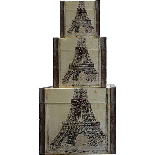 Tamanhos, Medidas e Dimensões do produto Conjunto 3 Baús Paris Torre Eiffel Madeira Bege/Preto - Oldway