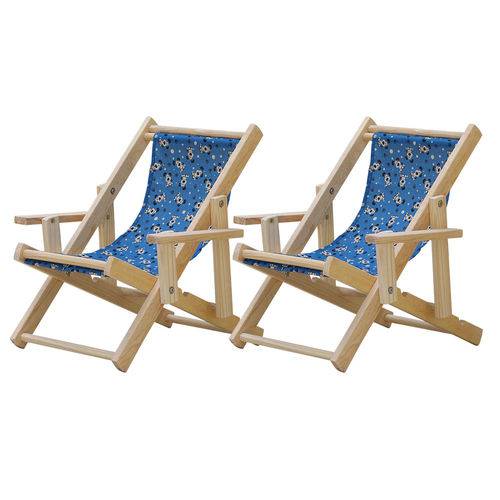 Tamanhos, Medidas e Dimensões do produto Conjunto 2 Cadeiras Espreguiçadeira Dobrável Infantil Madeira Maciça Natural Tecido Azul Cachorros