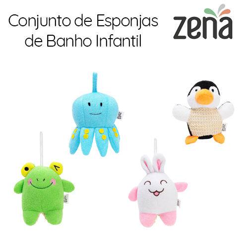 Tamanhos, Medidas e Dimensões do produto Conjunto com 4 Esponjas de Banho Infantil | Coelho, Sapo, Polvo e Pinguim | Zena