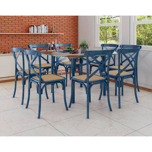 Tamanhos, Medidas e Dimensões do produto Conjunto de Mesa de Jantar com 8 Cadeiras e Tampo de Vidro Katrina Azul
