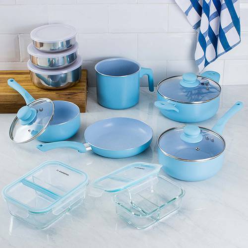 Tamanhos, Medidas e Dimensões do produto Conjunto de Panelas Everyday Azul + 2 Marmitas Vidro + Conjunto Potes Inox - 10 Peças - La Cuisine