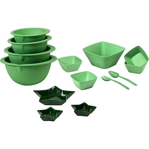 Tamanhos, Medidas e Dimensões do produto Conjunto de Saladeiras Fibra de Bambu 7 Pçs + Bowls Bambu 4 Pçs+ Petisqueira 3 Pçs Verde La Cuisine