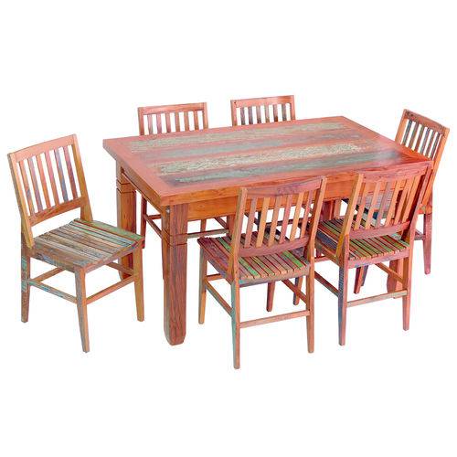 Tamanhos, Medidas e Dimensões do produto Conjunto Mesa de Jantar em Madeira Demolição 1,5m 6 Cadeiras Conforto com Pátina