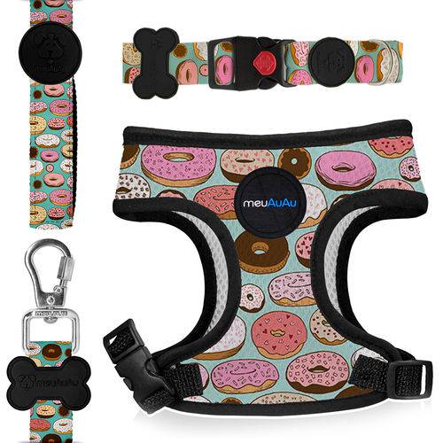 Tamanhos, Medidas e Dimensões do produto Conjunto Peitoral Colete, Coleira e Guia Dog - Design Estampa Donuts - Raças Médias G