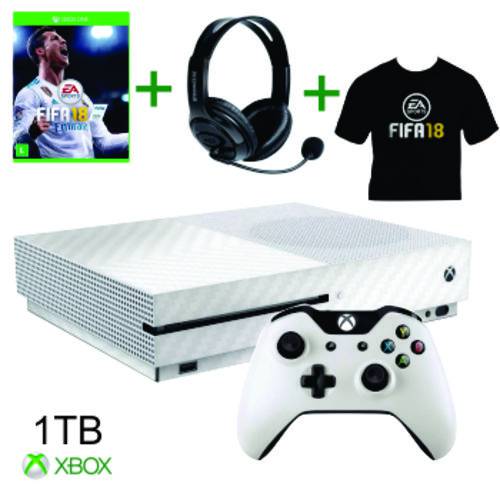 Tamanhos, Medidas e Dimensões do produto Console Xbox One S 1 Tera Tb Branco Controle Original Microsoft Ultra Hdr 4k + Jogo FIFA 18 + Headset + Camiseta Xbox