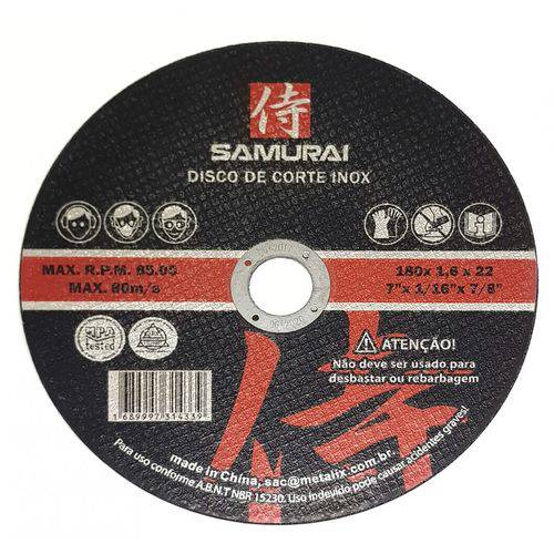 Tamanhos, Medidas e Dimensões do produto Disco de Corte Abrasivo Inox 7.1/4 Samurai C/ 100 Peças