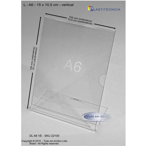 Tamanhos, Medidas e Dimensões do produto Display ou Porta Folha L em Acrílico A6 (10x15cm)