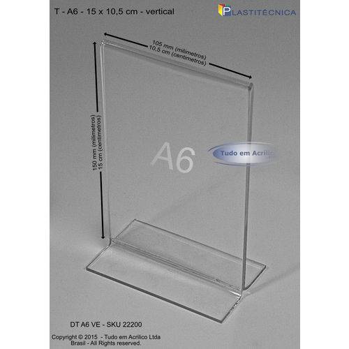 Tamanhos, Medidas e Dimensões do produto Display ou Porta Folha T em Acrílico A6 (10x15cm) Vertical