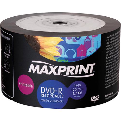Tamanhos, Medidas e Dimensões do produto DVD-R Maxprint Printable 4.7GB/120min 8x (Bulk C/ 50)