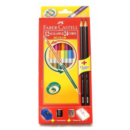 Tamanhos, Medidas e Dimensões do produto Ecolápis Bicolor Faber Castell 12 Lápis = 24 Cores com 1 Apontador e 1 Borracha