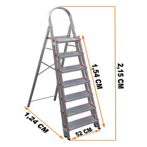 Tamanhos, Medidas e Dimensões do produto Escada Alumínio 7 Duplos Degraus Reforçada e Segura ART FACTORY