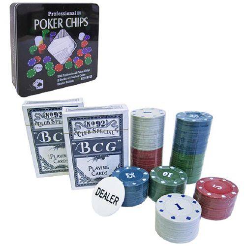 Tamanhos, Medidas e Dimensões do produto Ficha de Poker com 100 Fichas + 2 Baralhos + Dealer na Lata