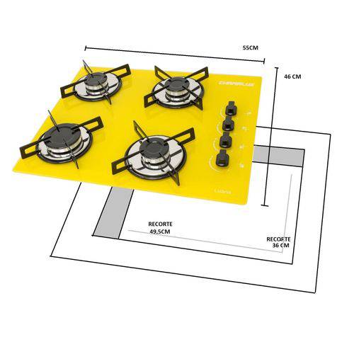 Tamanhos, Medidas e Dimensões do produto Fogão Cooktop 4 Bocas Amarelo Vidro 110v Chamalux
