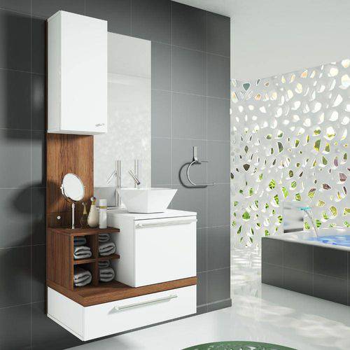 Tamanhos, Medidas e Dimensões do produto Gabinete para Banheiro com Espelho, 2 Portas e 1 Gaveta Ravenna Branco/Nogal Sevilha Celta Móveis