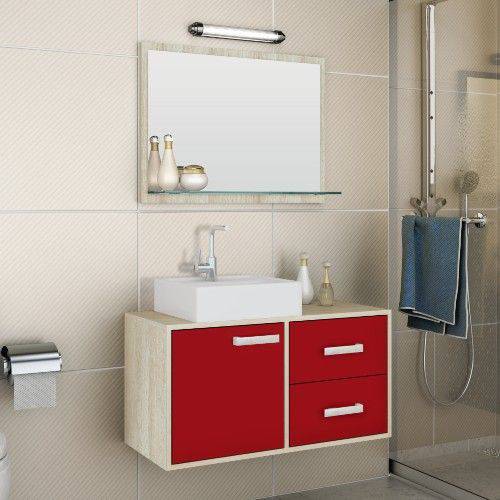 Tamanhos, Medidas e Dimensões do produto Gabinete para Banheiro Suspenso com Espelheira e Cuba Belizze Ideal 80cm Carvalho/Vermelho