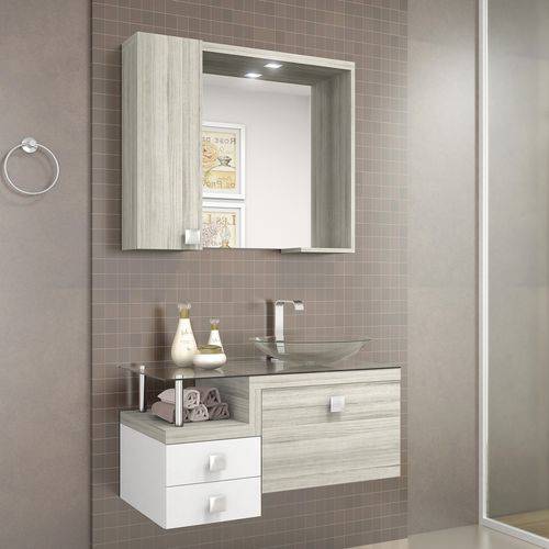 Tamanhos, Medidas e Dimensões do produto Gabinete Suspenso Sem Cuba com Espelheira para Banheiro Montreal Celta Móveis Nogal Griss/Branco
