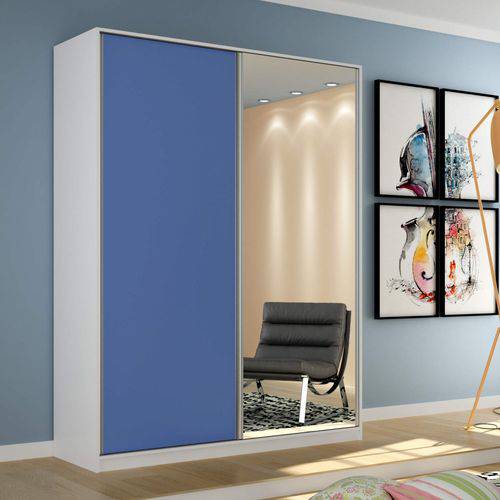 Tamanhos, Medidas e Dimensões do produto Guarda Roupa Solteiro com Espelho 2 Portas de Correr Terrazo Reis & Bueno Branco/Azul