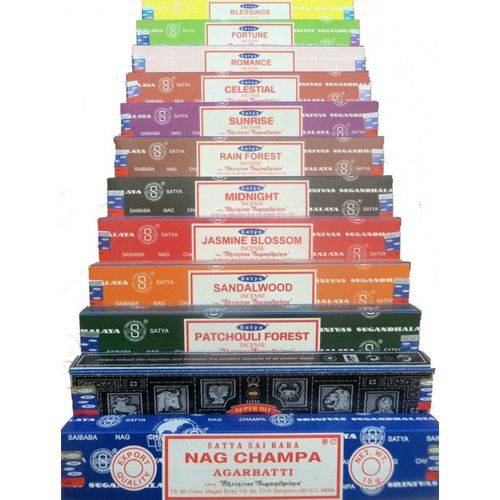 Tamanhos, Medidas e Dimensões do produto Incenso Satya Nag Champa Aromas Mistos Cx.12 Unidades e um Óleo Nag Champa