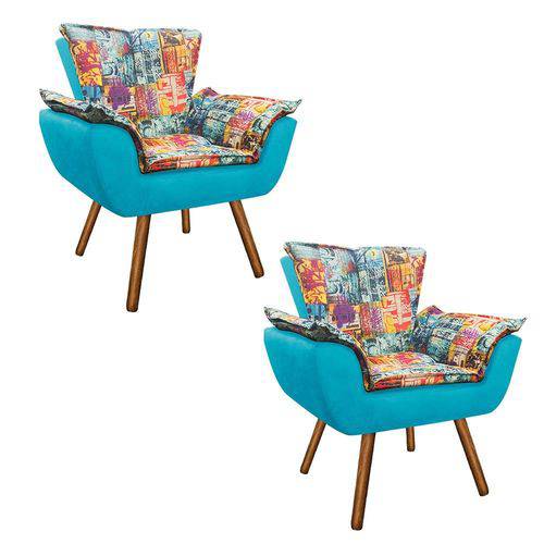 Tamanhos, Medidas e Dimensões do produto Kit 02 Poltrona Decorativa Opala Suede Composê Estampado Street D05 e Azul Tiffany - D'Rossi