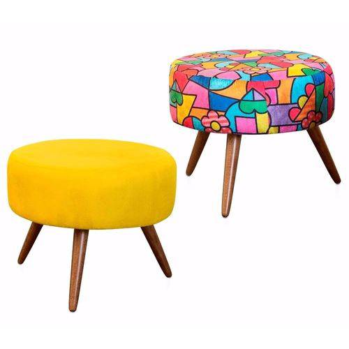 Tamanhos, Medidas e Dimensões do produto Kit 02 Poltrona Puff Banco Sofia Angel Pés Palito Suede Amarelo e Romero Britto