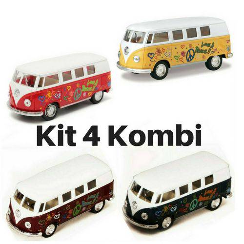 Tamanhos, Medidas e Dimensões do produto Kit 4 Miniatura Carrinho de Coleção Volkswagen Kombi / Perua Ano 1962 Kinsmart ( Hippe )
