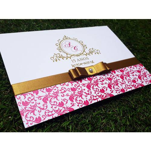 Tamanhos, Medidas e Dimensões do produto Kit 50 Convites 15 Anos Rosa Pink com Dourado Fita de Cetim Personalizado